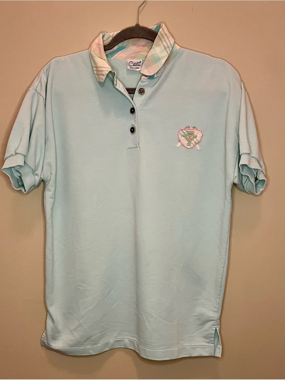 Vintage 90s Catalina Golf Polo Shirt Pastel Mint Plaid Collar Crest Logo Size S